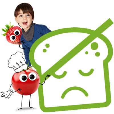 Glutenfreie Ernährung: Fröhliches Kind, freches Obst & Gemüse an einem durchgestrichenem, traurigen Toastbrot.