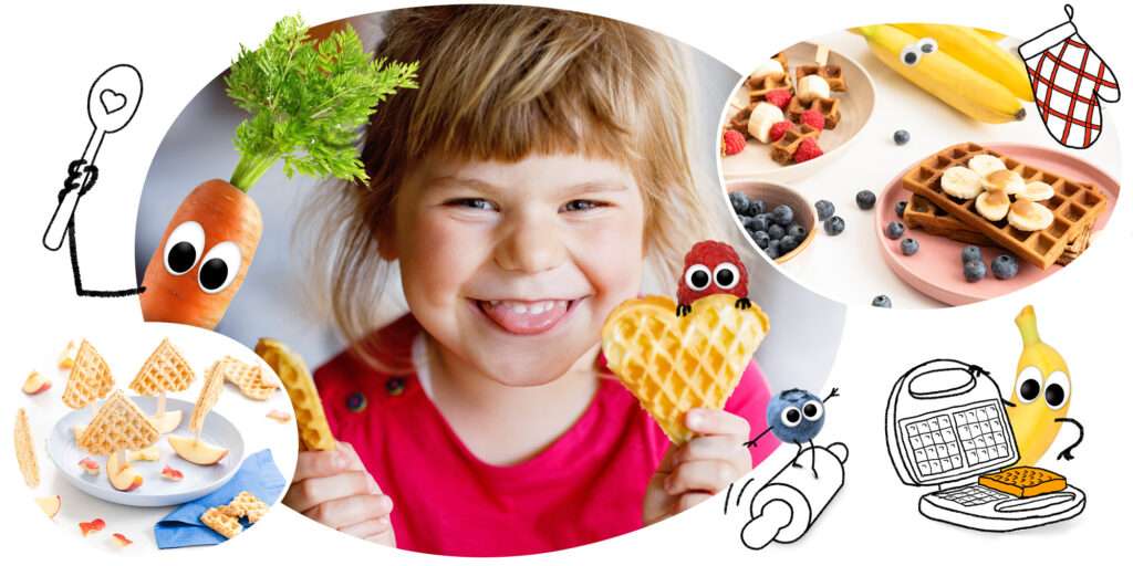 Mädchen hält Herzwaffel hoch. Waffeln für Kinder und Freche Freunde um sie herum