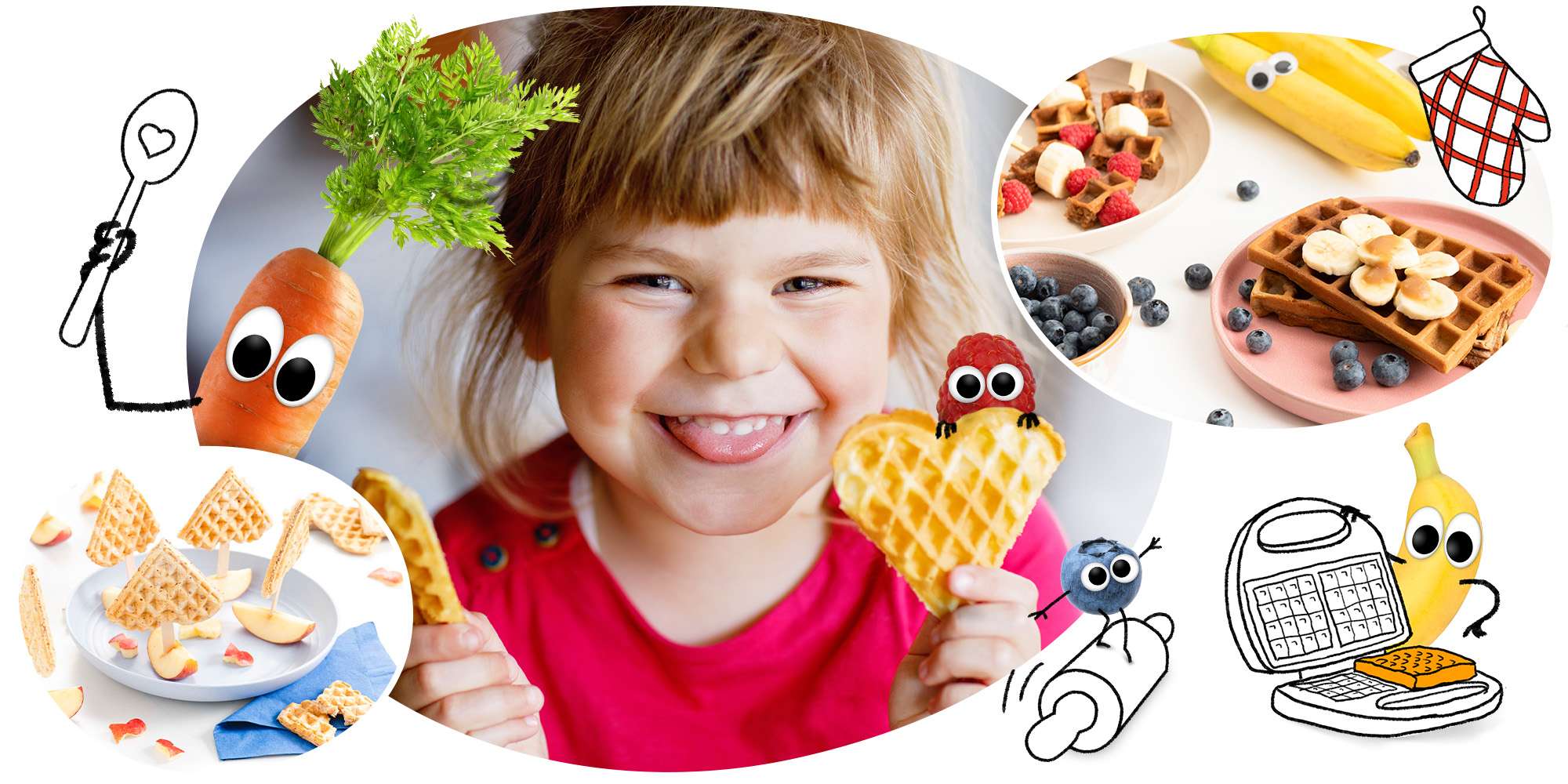 Mädchen hält Herzwaffel hoch. Waffeln für Kinder und Freche Freunde um sie herum