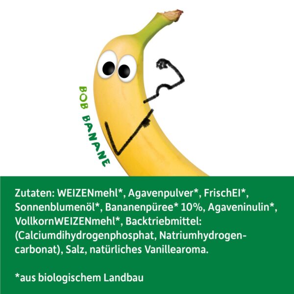 Zutatenliste von Freche Freunde Bio Fluffige Pancakes Banane, mit Bob Banane der seine Muskeln zeigt.