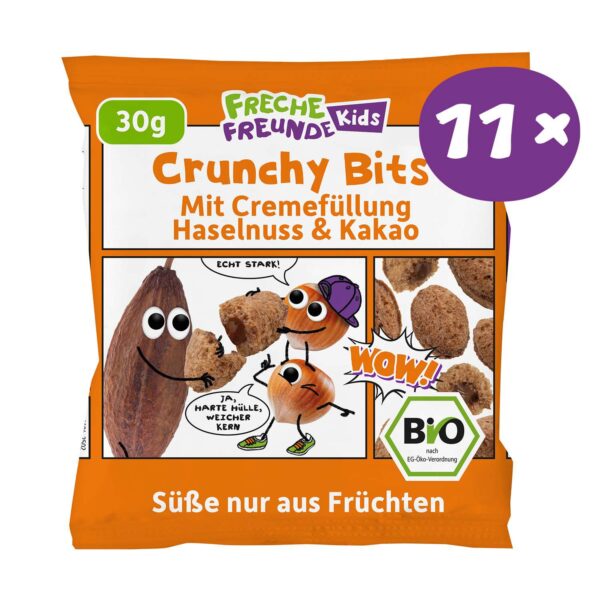 11x Freche Freunde Kids Bio Crunchy Bits, 11x30g, Mit Cremefüllung Haselnuss & Kakao, Süße nur aus Früchten