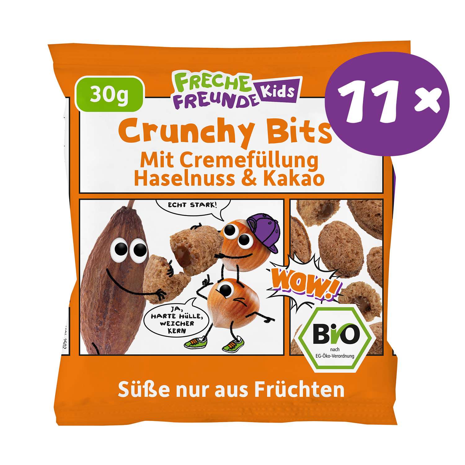 11x Freche Freunde Kids Bio Crunchy Bits, 11x30g, Mit Cremefüllung Haselnuss & Kakao, Süße nur aus Früchten