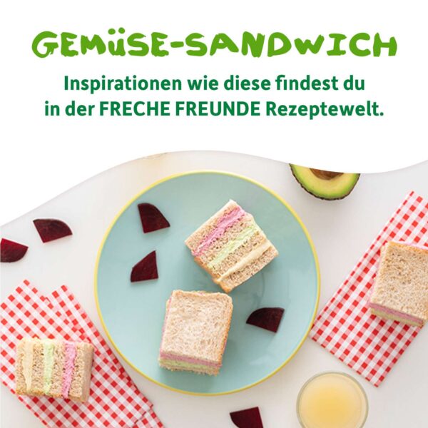 Gemüse-Sandwich: Sandwich-Happen angerichtet auf einem Teller, darüber steht Inspirationen wie diese findest du in der Freche Freunde Rezeptwelt.