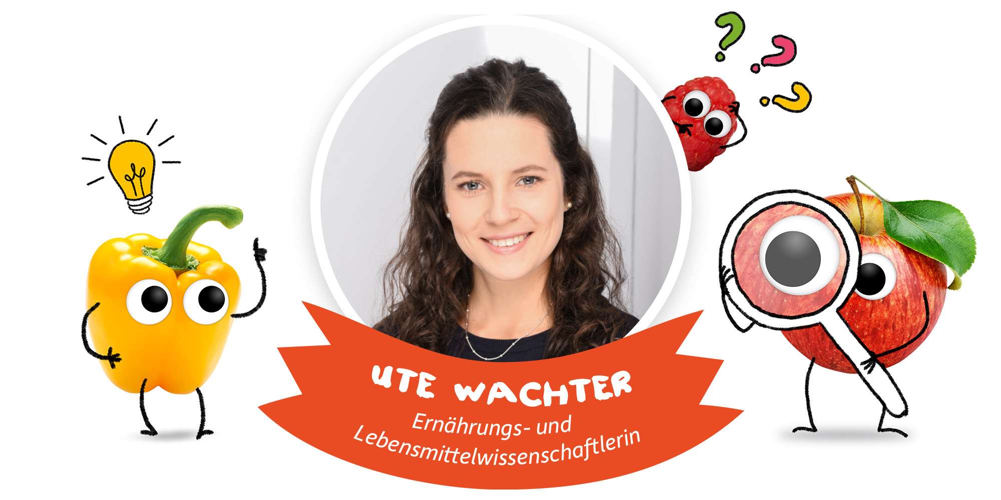 Ute Wachter ist unsere Ernährungsexpertin bei Freche Freunde und wird hier gezeigt mit Alfred Apfel & Pipa Paprika.