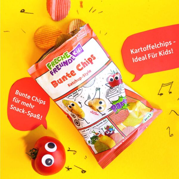 Freche Freunde Bio Bunte Chips Ketchup-Style mit Produktvorteilen: knusprige bunte Kartoffelchips, salzfrei, vegan, mit Karl Kartoffel, Karla Karotte, Paule Pastinake und Tom Tomate – perfekt für Snackspaß zu Hause, in der Brotdose oder auf Partys.