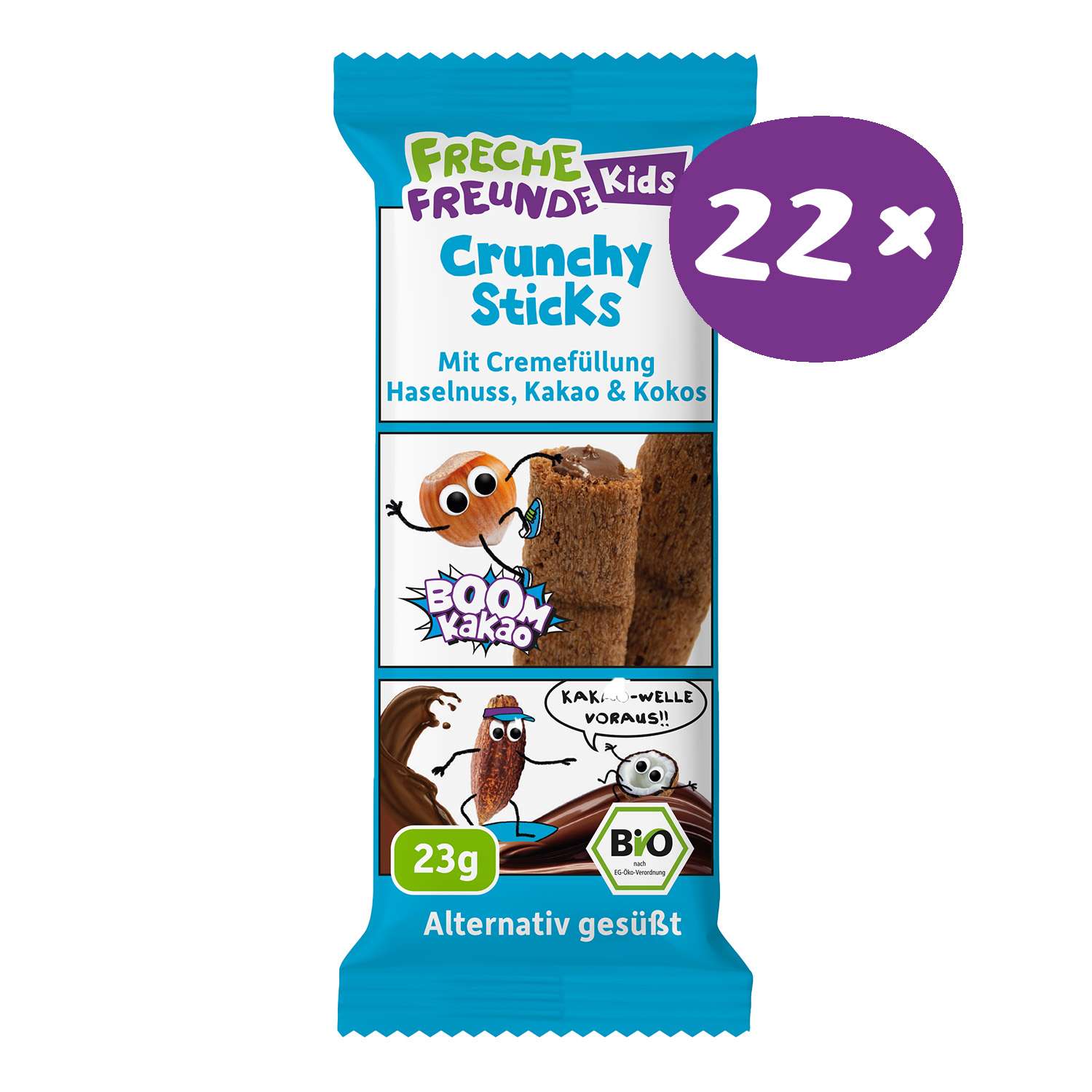 Freche Freunde Kids Bio Crunchy Sticks 22x 23g , blaue Verpackung im Cartoon Style.