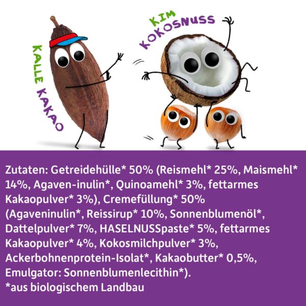Zutatenliste. Mit Kalle Kakao und Hassan Haselnuss, die Kim Kokosnuss tragen.