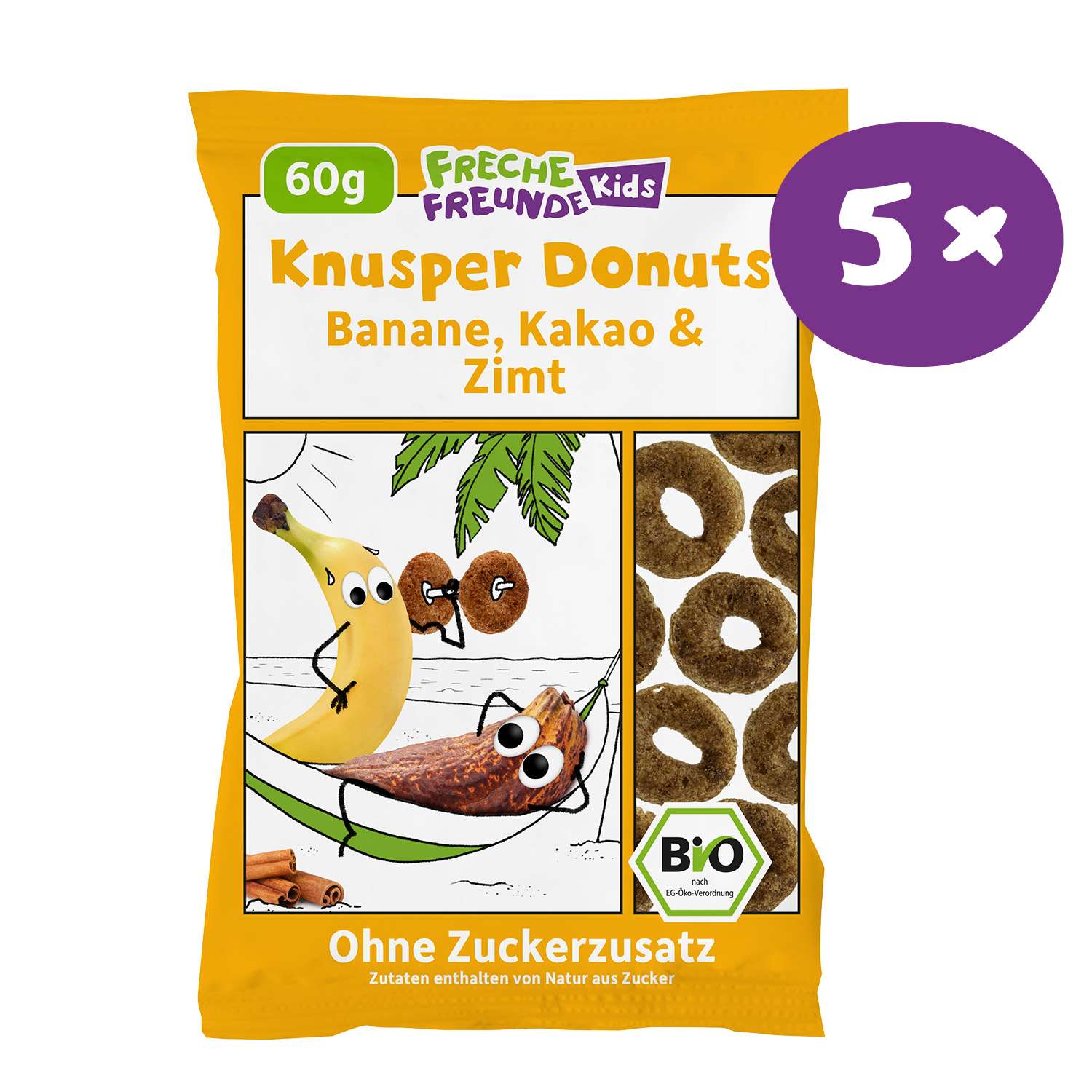 Freche Freunde Kids Bio Knusper Donuts Banane, Kakao und Zimt. 5x60g. Darunter im Comic Style Bob Banane und Kalle Kakao chillen in der Hängematte.