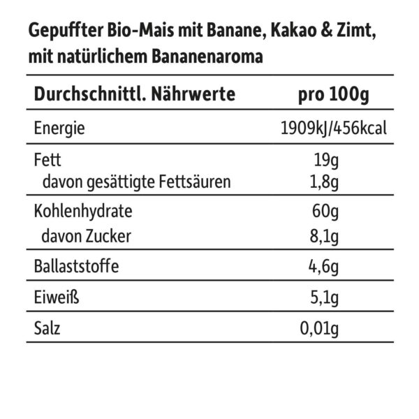 Naehrwerttabelle für gepufften Bio-Mais-Snack mit Banane, Kakao und Zimt – 456 kcal pro 100 g, ballaststoffreich und ohne Zuckerzusatz.