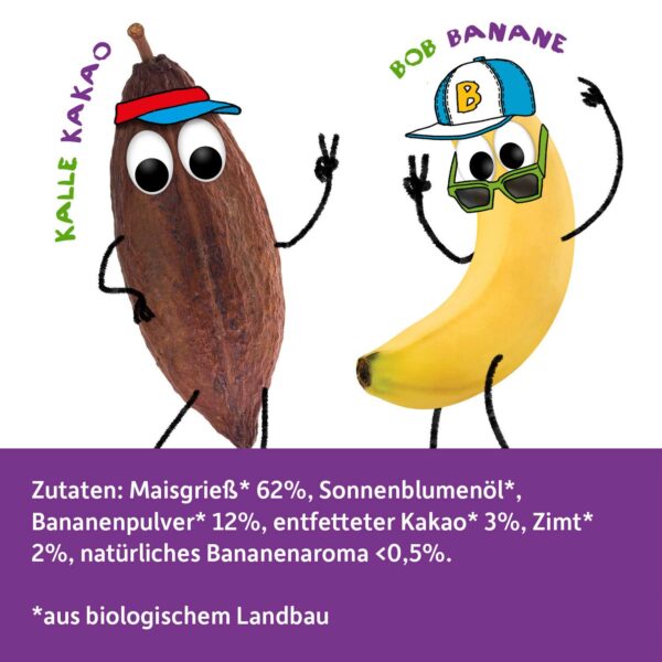 Zutaten von Freche Freunde Kids Bio Knusper Donuts Banane, Kakao und Zimt. Darüber die frechen Freunde Kalle Kakao und Bob Banane stehen nebeneinander und machen coole Posen.