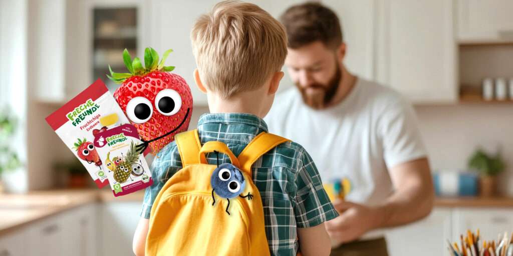 Papa bereitet die Snacks für unterwegs vor. Edda Erdbeere sitzt auf der Schulter vom Sohn mit Fruchtchips & Quetschie in der Hand. Bibi hängt am Rucksack.