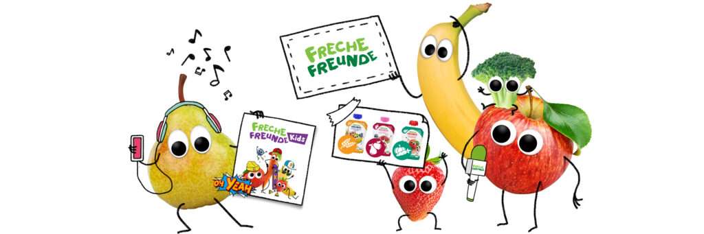 Presse Freche Freunde hören Musik, halten Schilder über Neuigkeiten hoch & Alfred Apfel spricht ins Mikro.