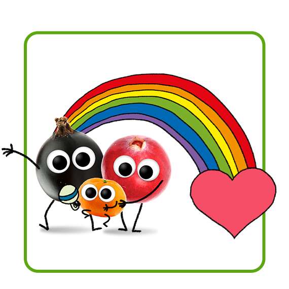 3 Früchte haben Familienzeit unter einem Regenbogen, der in einem Herz endet.