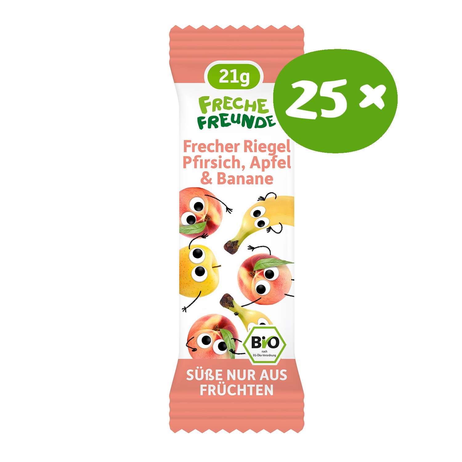 Verpackung des Freche Freunde Bio-Riegels Pfirsich, Apfel & Banane mit 21 g, vorne sind die frechen Frucht-Charaktere Peggy Pfirsich, Alfred Apfel und Bob Banane zu sehen. In der Ecke steht „25×“ für die Vorratspackung.