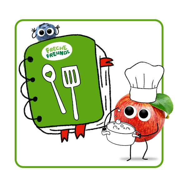 Alfred Apfel steht mit Kochmütze neben seinem Kochbuch mit vielen Kochideen.