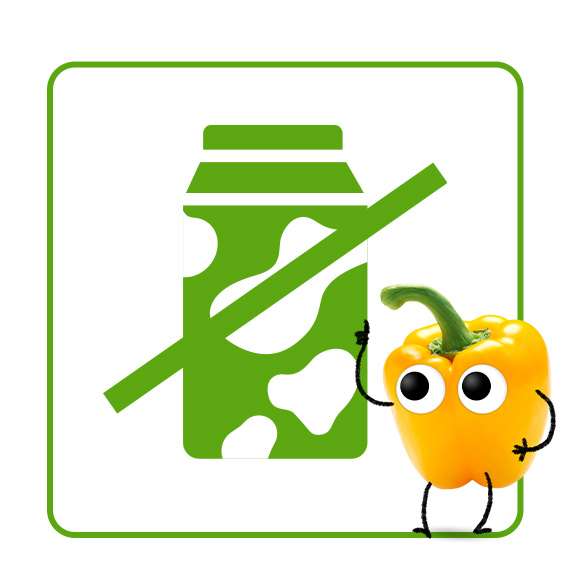 Pippa Paprika zeigt auf durchgestrichene Milchpackung für lactosefreie Snacks.