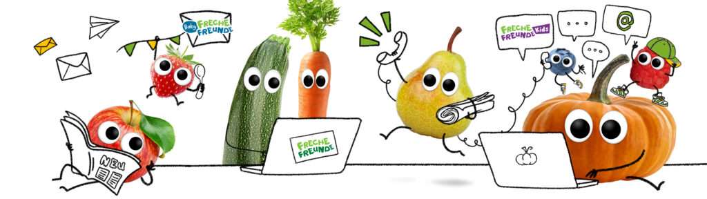 Freches Obst & Gemüse ließt Zeitung, hängt am fliegenden Brief, sind am Laptop und telefonieren.