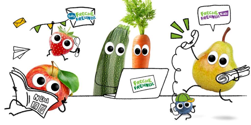 Freches Obst & Gemüse ließt Zeitung, hängt am fliegenden Brief, sind am Laptop und telefonieren.