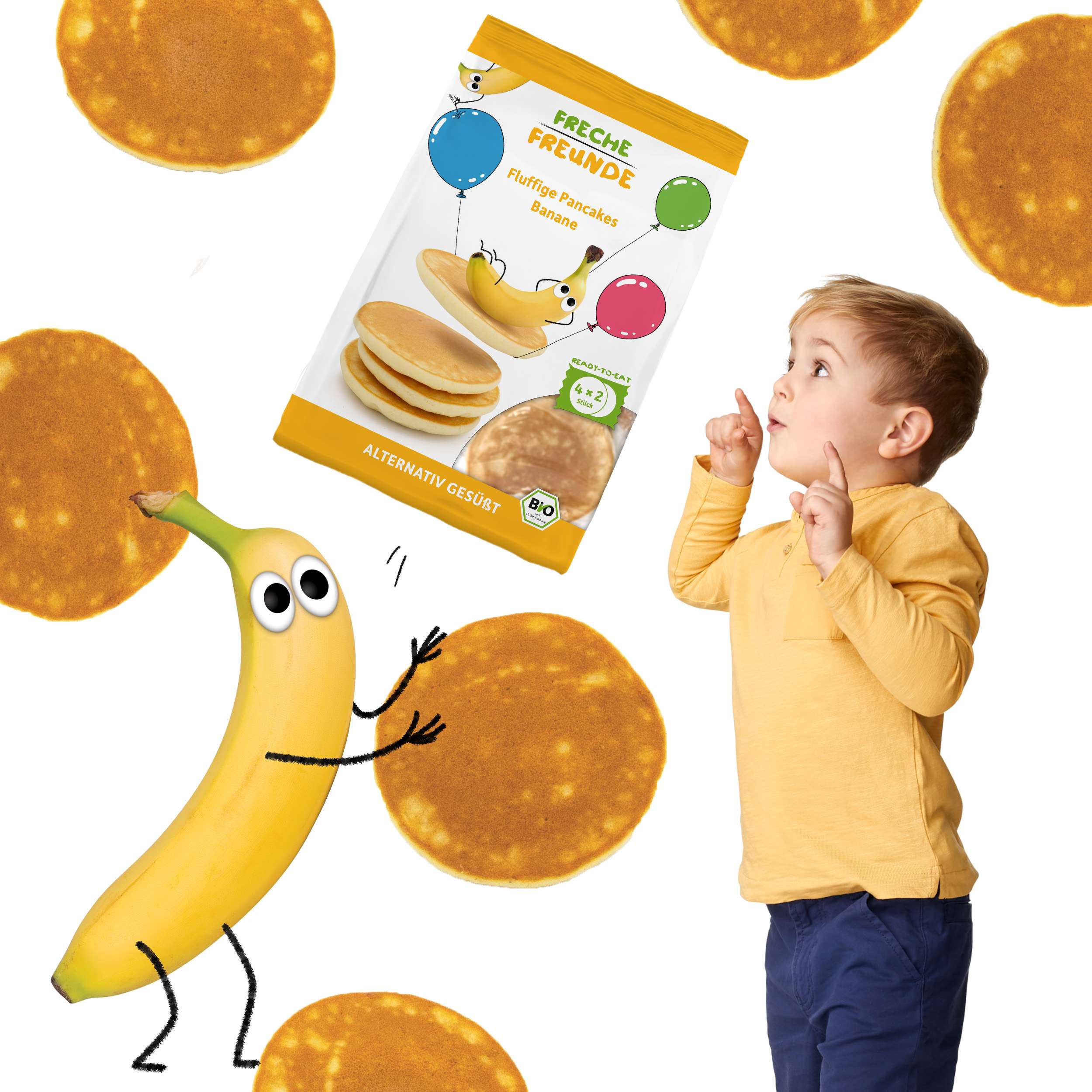 Kind & Bob Banane sind beeindruckt von luftleichten Freche Freunde Fluffige Pancakes Banane.