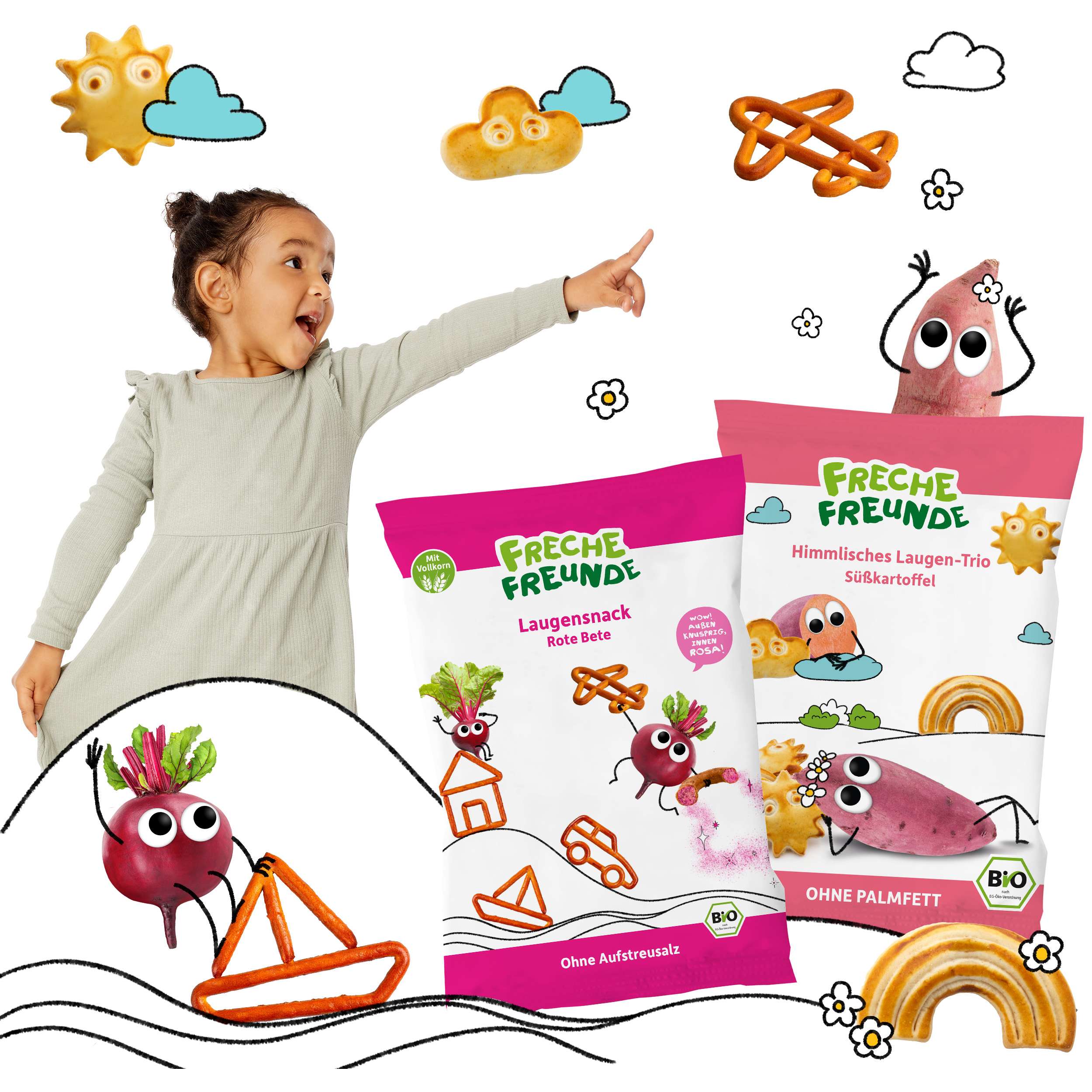 Kind & Charaktere haben Spaß mit Flugzeug, Boot, Sonne, Wolken & Regenbogen aus dem Freche Freunde Laugensnack Rote Bete & Himmlisches Laugen-Trio Süßkartoffel.