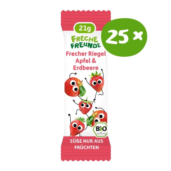 Freche Freunde Bio Frecher Riegel Apfel & Erdbeere im praktischen 25er-Pack! Auf dem Riegel tummeln sich Alfred Apfel und Edda Erdbeere mit ihren frechen Fruchtfreunden. Nur süße aus Früchten.