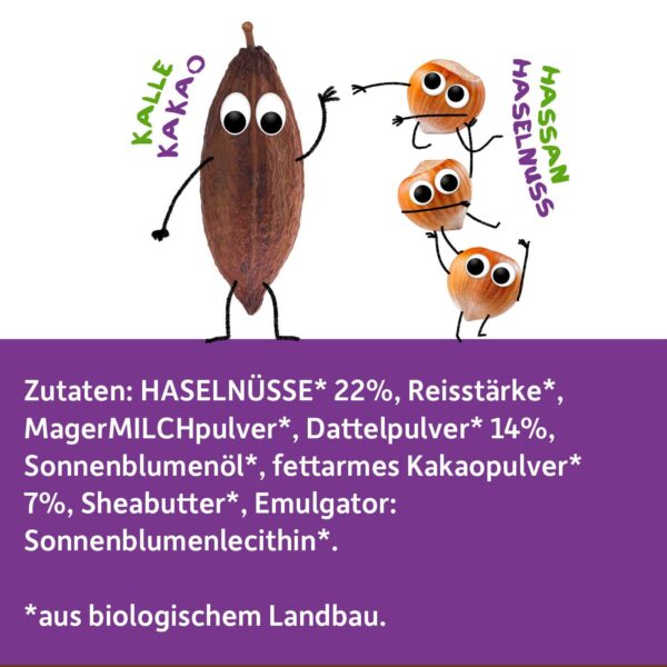 Zutatenliste von Freche Freunde Kids Bio Haselnussmus mit den frechen Charakteren Kalle Kakao und Hassan Haselnuss.