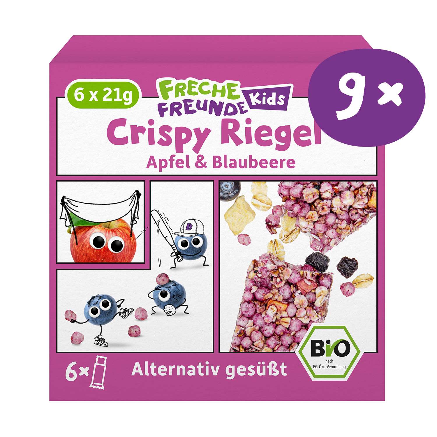 Freche Freunde Bio Crispy Riegel Apfel & Blaubeere in der 9er Vorratspackung mit 6x23g für Kinder. Verpackung im Comicdesign. Text; Alternativ gesüßt.