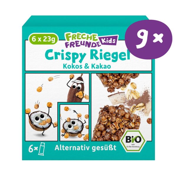 Freche Freunde Bio Crispy Riegel Kokos & Kakao mit Kalle Kakao und Kim Kokosnuss, die frech mit gepufftem Getreide jonglieren. Die Packung enthält 9x a 6 Riegel à 23 g.