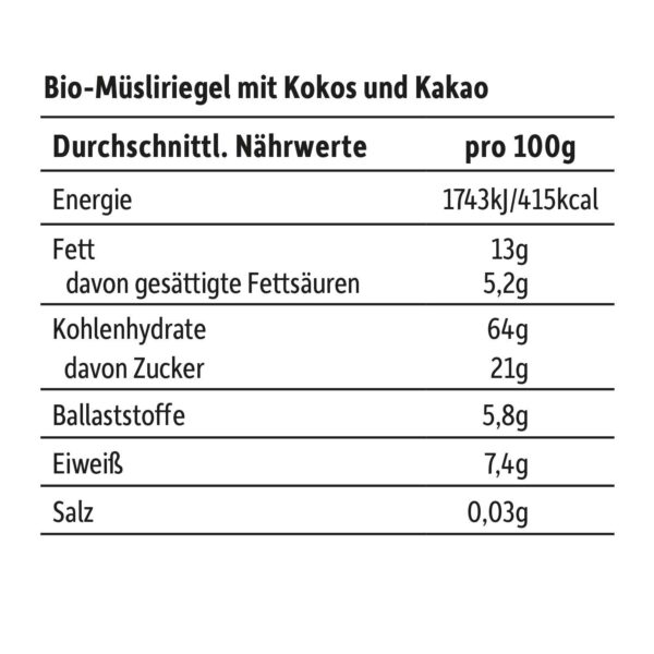 Nährwerttabelle der Freche Freunde Bio Crispy Riegel Kokos & Kakao