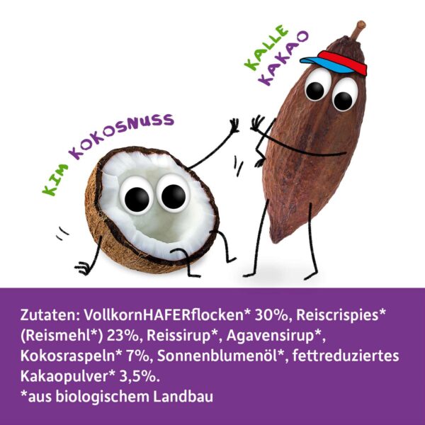 Zutaten der Freche Freunde Bio Crispy Riegel Kokos & Kakao. Kim Kokosnuss und Kalle Kakao geben sich ein High-Five.