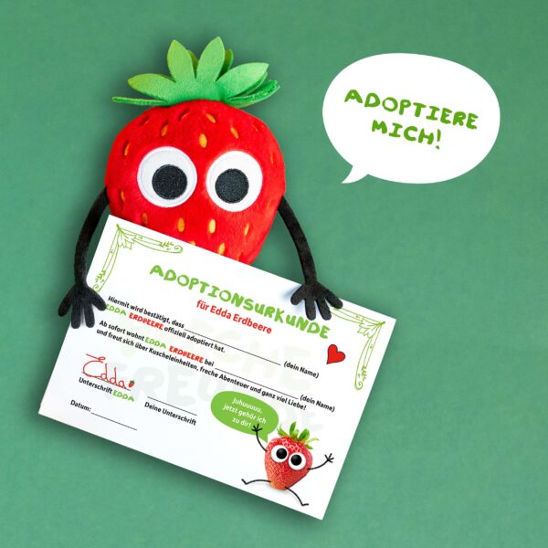 FF Edda Erdbeere Kuscheltier. Adoptionsurkunde