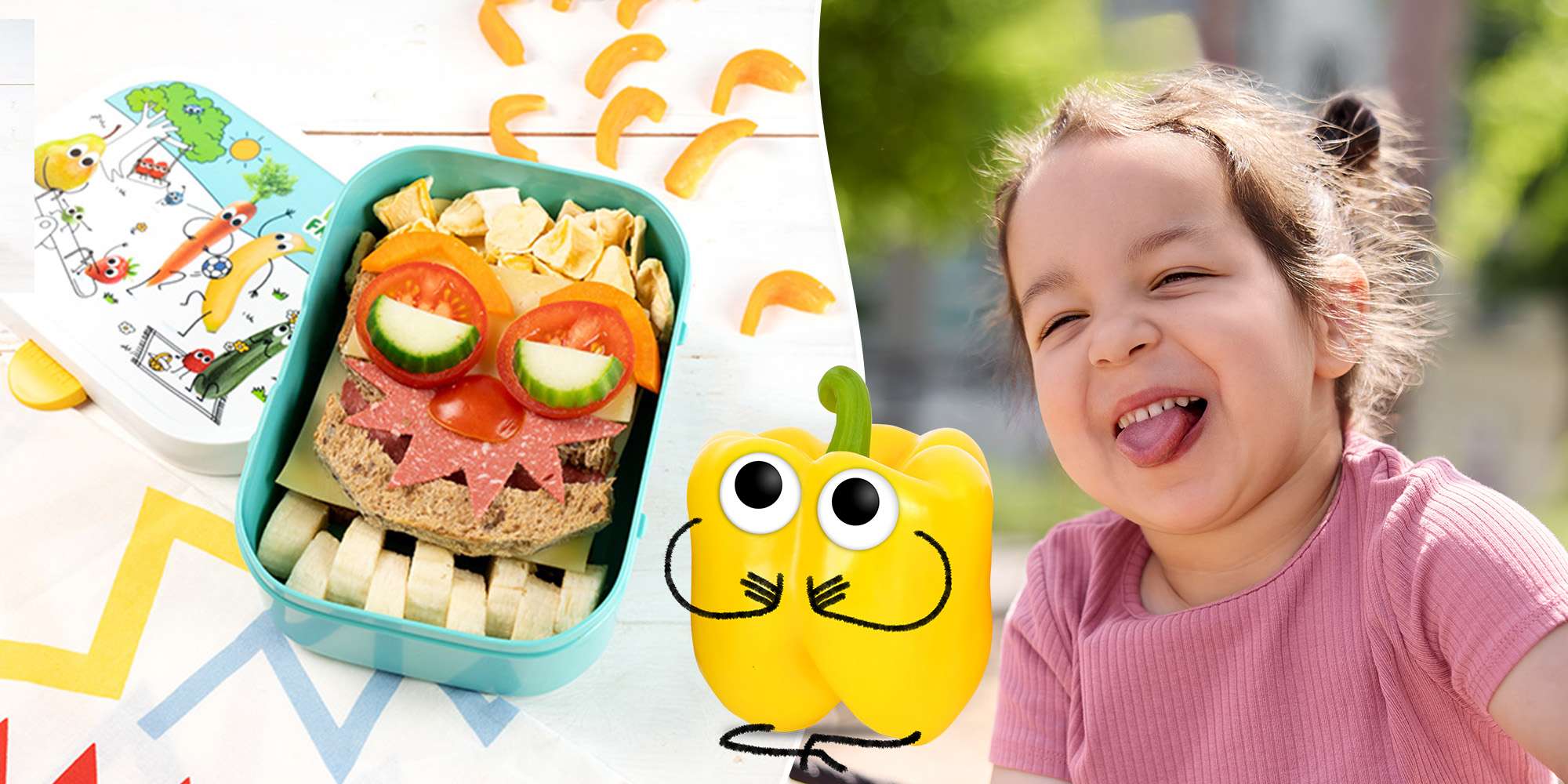 Ein lustig belegtes Brot als Monster dekoriert in der Freche Freunde Brotdose. Ein lachendes Kinder passend zum Moment und eine Paprika mit Armen und Beinen.