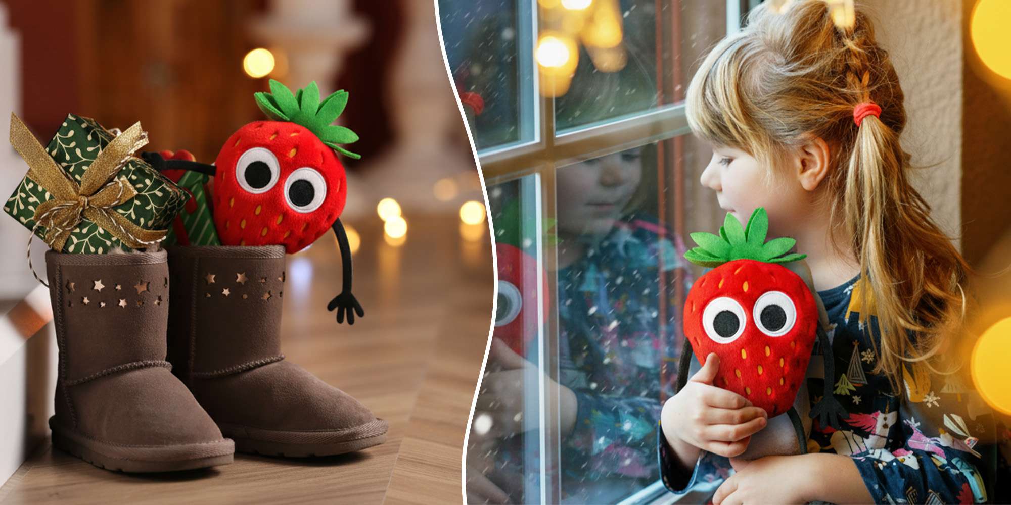 Nikolaus Geschenkideen für Kinder. Edda Erdbeere als Kuscheltier in einem Stiefel mit Geschenken und ein Mädchen kuschelt mit Edda Kuscheltier.