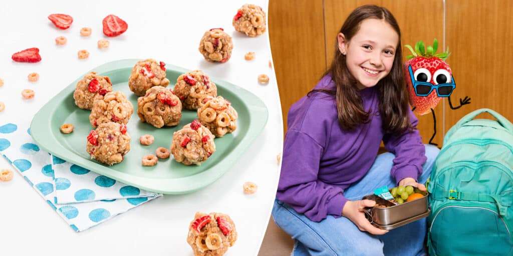 Links sind Energy Balls auf einem Teller serviert. Rechts ein Mädchen das ihre Brotdose aus ihrem Schulranzen holt.