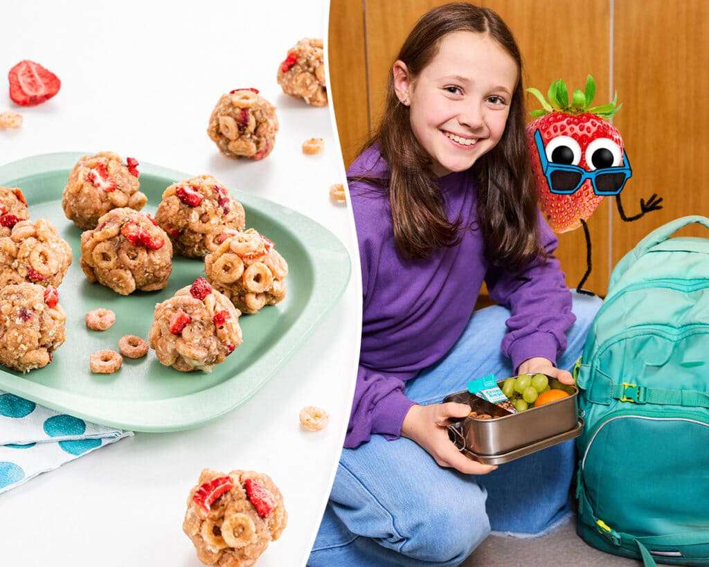 Links sind Energy Balls auf einem Teller serviert. Rechts ein Mädchen das ihre Brotdose aus ihrem Schulranzen holt.