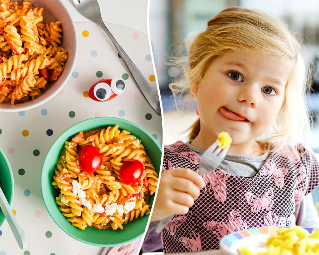 One Pot Pasta Ideen für die ganze Familie. Links sind 3 Schüsseln mit Feta Tomaten Pasta angerichtet. Rechts ist ein Mädchen beim Nudeln essen.
