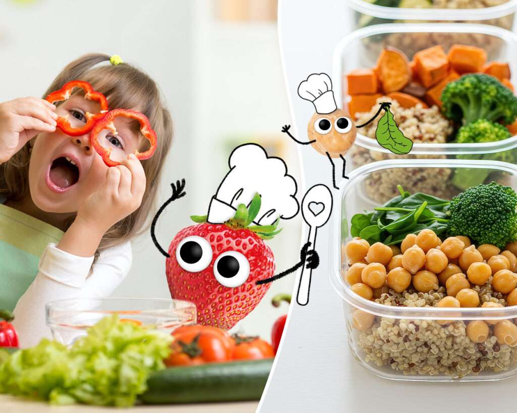 Meal Prep Gerichte mit frischem Gemüse in Behälter gefüllt auf der rechten Seite. Auf der linken Seite ein Mädchen was gerade frisches Gemüse schneitet und sich 2 Paprikaringe als Brille vor die Augen hält.