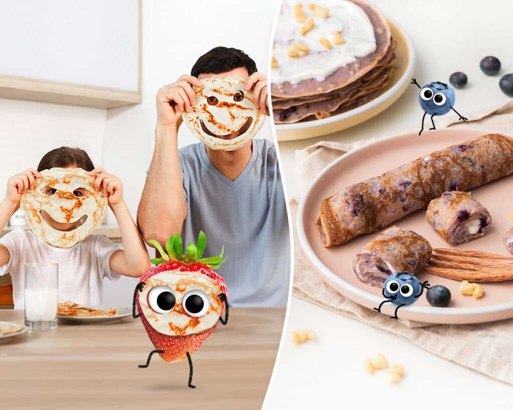 Pfannkuchen Rezepte für Kinder: ein Mädchen und ihr Papa halten sich Pfannkuchen vor das Gesicht, wo Auge und Mund ausgespart ist. Daneben steht ein Teller mit Pfannkuchen.